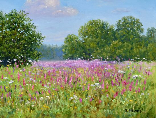 Landscape painting with a field of blooming wildflowers under the warm, blue summer sky