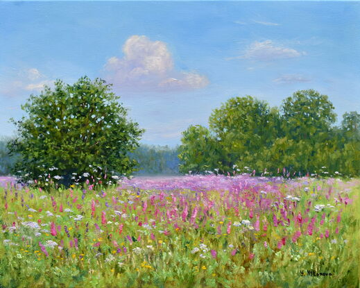 Landscape painting with a field of blooming wildflowers under the warm, blue summer sky