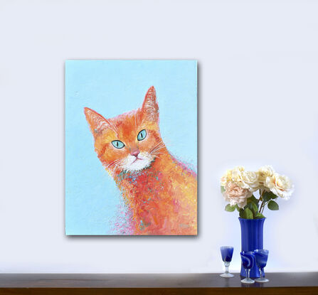 Painting of an orange coloured Marmalade cat with green eyes. The background is painted turquoise blue.