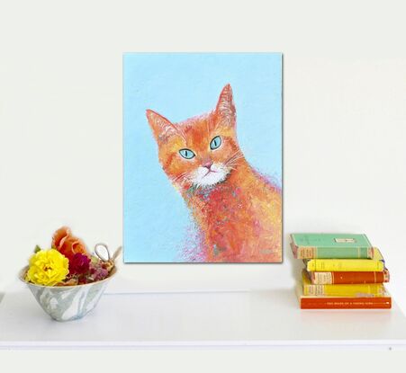 Painting of an orange coloured Marmalade cat with green eyes. The background is painted turquoise blue.