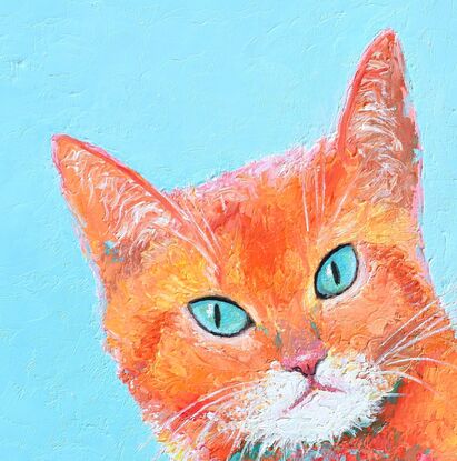 Painting of an orange coloured Marmalade cat with green eyes. The background is painted turquoise blue.