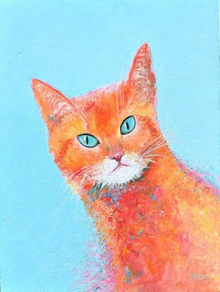 Painting of an orange coloured Marmalade cat with green eyes. The background is painted turquoise blue.