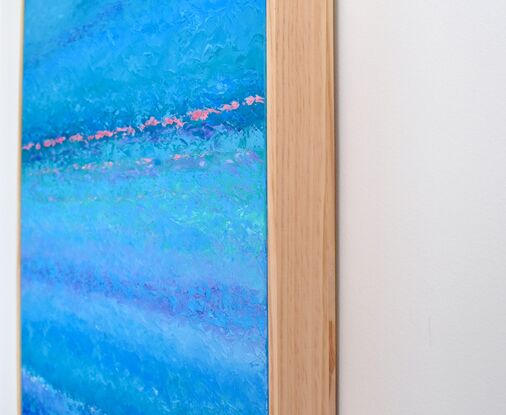 Abstract vertical painting of the ocean in tones of blue, turquoise and lavender.