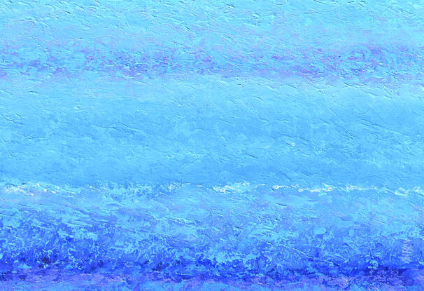 Abstract vertical painting of the ocean in tones of blue, turquoise and lavender.