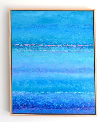 Abstract vertical painting of the ocean in tones of blue, turquoise and lavender.