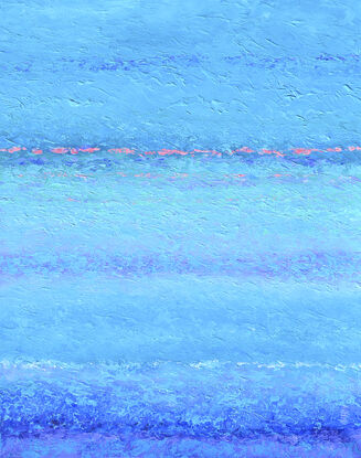 Abstract vertical painting of the ocean in tones of blue, turquoise and lavender.