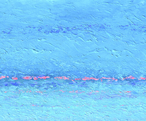 Abstract vertical painting of the ocean in tones of blue, turquoise and lavender.