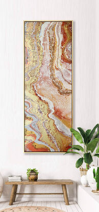 ABSTRACT painting of flowing colours: golds, light golds, ochre, chocolate, royal purple, pink, beige. sage olive
It has incredible depth while evoking a feeling of peace/
The closer you get to the painting the more of the interesting details and patterns you can see. Metallics add an extra depth because the painting changes personality when one views from different angles.