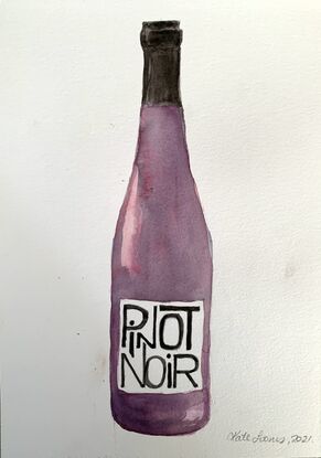 A bottle of Pinot Noir in watercolour on paper