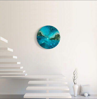 Original, one-of-a-kind, hand-painted, inspired by the aerial view of The Bahamas and Turks And Caicos Islands from my last vacation there
Dealing with depression, PTSD, and anxiety, painting is a form of therapy for me.
In this painting I create a peaceful and safe space for the child and adult in me both, a place to freely express myself and where I can just be. As always this space is a beach, with healing vibes and powdery sand, where calm lucent ocean waters splash frothy waves on my feet, where I feel free and loved just the way I am.
Due to the techniques used, this painting cannot be reproduced, repeated, or recreated. Every painting obtained through these fluid painting techniques happens only once in an infinity of attempts.
Due to its glossy finish it's impossible to take perfect photos of the painting and be able to capture all the details that emerge between layers in one same photo or to photograph it without having objects reflecting onto its surface.
Different kinds of light & angles make looking at it a continuous process of discovery always looking slightly different & never boringly predictable
This painting does not need to be framed, the painted image extends on the sides, it is wired, signed, ready to hang, and comes with a Certificate of Authenticity.
All my paintings are painted in layers, giving them a tridimensional aspect with intricate details that add richness and depth to the final image. These techniques make the paintings unique and impossible to recreate and reproduce, thus even more special. Every painting obtained through these fluid painting techniques happens only once in an infinity of attempts.