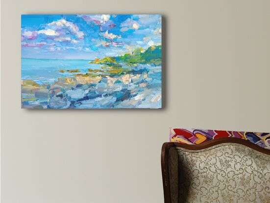 In this canvas, I strived to capture the ephemeral dance between light and shore, allowing the strokes of my oil paints to convey movement and emotional depth. The shifting sky and reflective sea offer a space for the viewer to lose themselves in contemplation, peace, and the natural harmony of coastal landscapes. It's my secret invitation to pause and connect with the elemental beauty our earth offers. This artwork will wash serenity over any space, melding the tranquil hues of nature with your life’s canvas. 