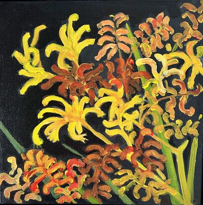 Kangaroo Paws set on a black back ground.  Composition is only showing the flowers on the plant and a few leaves.  The bright yellow used has created a visual impact.