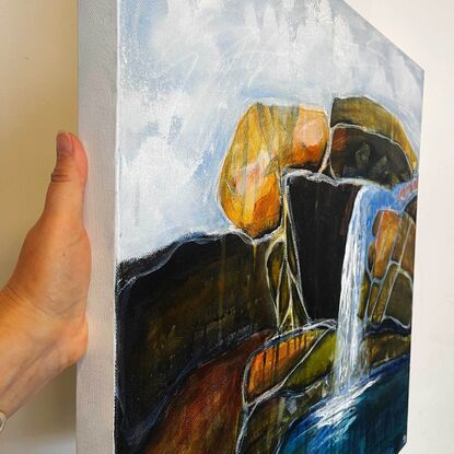 A layered painting of a waterfall