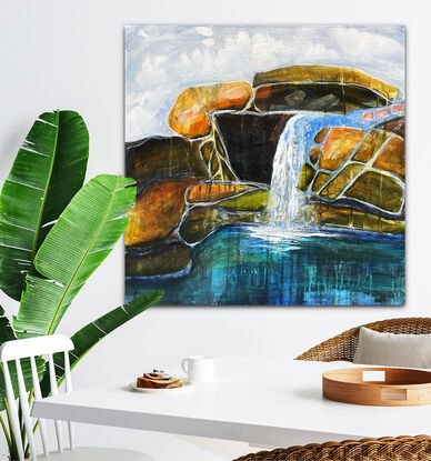 A layered painting of a waterfall