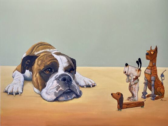 Boxer dog close up with creatures that are a figment of his imagination.