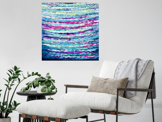 This painting embodies vibrant layers of  blues, aquas, and violets, with highlights of white,  reminiscent of an abstract ode to the ocean, and tranquil, fluid waves.