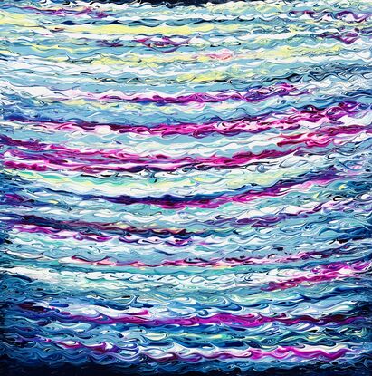 This painting embodies vibrant layers of  blues, aquas, and violets, with highlights of white,  reminiscent of an abstract ode to the ocean, and tranquil, fluid waves.