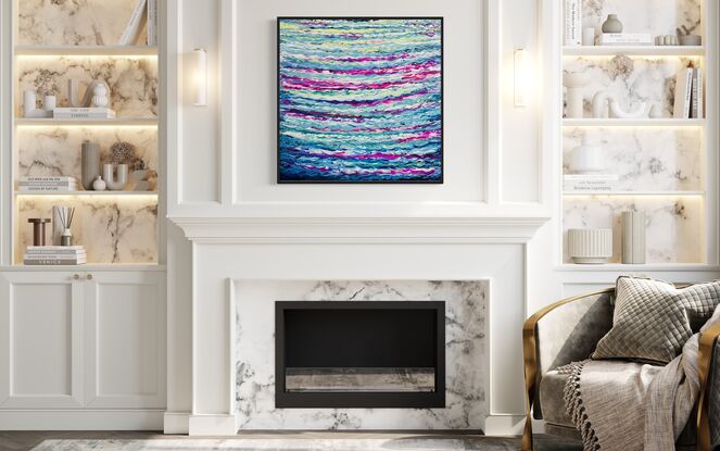 This painting embodies vibrant layers of  blues, aquas, and violets, with highlights of white,  reminiscent of an abstract ode to the ocean, and tranquil, fluid waves.