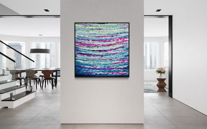 This painting embodies vibrant layers of  blues, aquas, and violets, with highlights of white,  reminiscent of an abstract ode to the ocean, and tranquil, fluid waves.