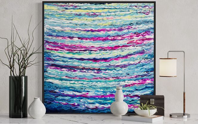 This painting embodies vibrant layers of  blues, aquas, and violets, with highlights of white,  reminiscent of an abstract ode to the ocean, and tranquil, fluid waves.