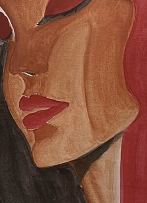 “Veiled Passion” is a watercolor painting featuring a stylized portrait of a woman. The background is a bold, solid red, which contrasts with the woman’s soft, contemplative expression. Her long, dark hair flows gracefully, partially obscuring her face, adding an element of mystery. Her eyes are closed, and her lips are painted a striking red, highlighting her emotional depth and intensity. The use of smooth gradients and subtle shading techniques enhances the sense of inner strength and vulnerability that the painting conveys. The overall composition blends strength and softness, capturing the complex emotions and experiences of the feminine spirit.