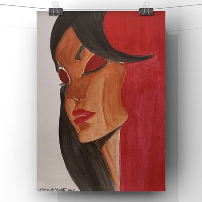 “Veiled Passion” is a watercolor painting featuring a stylized portrait of a woman. The background is a bold, solid red, which contrasts with the woman’s soft, contemplative expression. Her long, dark hair flows gracefully, partially obscuring her face, adding an element of mystery. Her eyes are closed, and her lips are painted a striking red, highlighting her emotional depth and intensity. The use of smooth gradients and subtle shading techniques enhances the sense of inner strength and vulnerability that the painting conveys. The overall composition blends strength and softness, capturing the complex emotions and experiences of the feminine spirit.