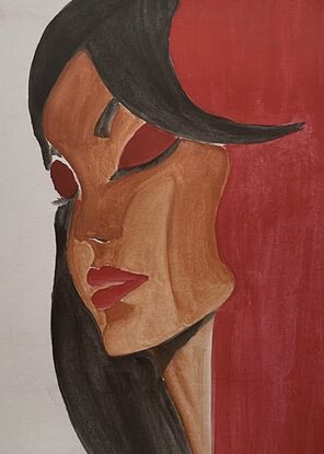 “Veiled Passion” is a watercolor painting featuring a stylized portrait of a woman. The background is a bold, solid red, which contrasts with the woman’s soft, contemplative expression. Her long, dark hair flows gracefully, partially obscuring her face, adding an element of mystery. Her eyes are closed, and her lips are painted a striking red, highlighting her emotional depth and intensity. The use of smooth gradients and subtle shading techniques enhances the sense of inner strength and vulnerability that the painting conveys. The overall composition blends strength and softness, capturing the complex emotions and experiences of the feminine spirit.