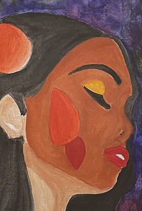 “Ember Spirit” features a stylized portrait of a woman with her eyes closed, exuding a sense of calm and introspection. Her skin is adorned with vibrant red and orange shapes, symbolizing inner fire and passion. Her long, dark hair flows freely, framing her face against a rich, textured background of deep purples and blues. The bold use of color and abstract forms highlights the emotional depth and resilience inherent in the subject.
