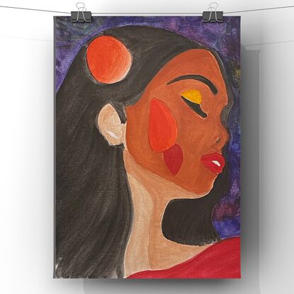 “Ember Spirit” features a stylized portrait of a woman with her eyes closed, exuding a sense of calm and introspection. Her skin is adorned with vibrant red and orange shapes, symbolizing inner fire and passion. Her long, dark hair flows freely, framing her face against a rich, textured background of deep purples and blues. The bold use of color and abstract forms highlights the emotional depth and resilience inherent in the subject.
