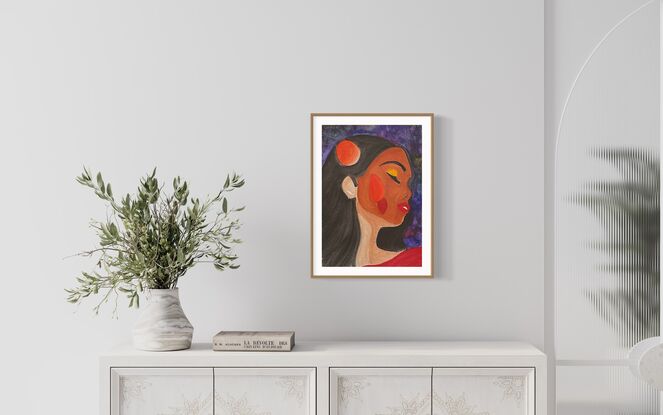 “Ember Spirit” features a stylized portrait of a woman with her eyes closed, exuding a sense of calm and introspection. Her skin is adorned with vibrant red and orange shapes, symbolizing inner fire and passion. Her long, dark hair flows freely, framing her face against a rich, textured background of deep purples and blues. The bold use of color and abstract forms highlights the emotional depth and resilience inherent in the subject.
