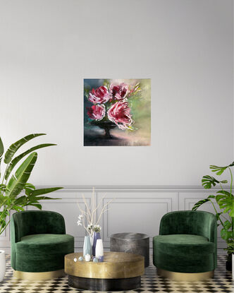 Pink Flowers and greenery on a dark background