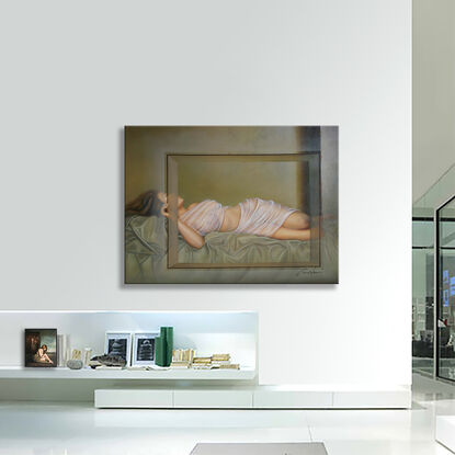 Women, figurative, nude, oil painting, beige, green, soft colors, wall painting, painting on canvas, hand painted with oil, photorealism art, dreams, colors, 