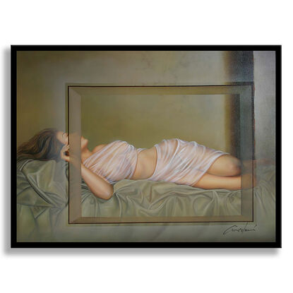 Women, figurative, nude, oil painting, beige, green, soft colors, wall painting, painting on canvas, hand painted with oil, photorealism art, dreams, colors, 