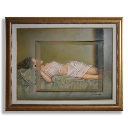 Women, figurative, nude, oil painting, beige, green, soft colors, wall painting, painting on canvas, hand painted with oil, photorealism art, dreams, colors, 