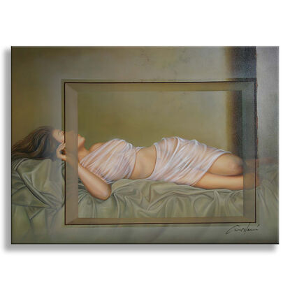 Women, figurative, nude, oil painting, beige, green, soft colors, wall painting, painting on canvas, hand painted with oil, photorealism art, dreams, colors, 