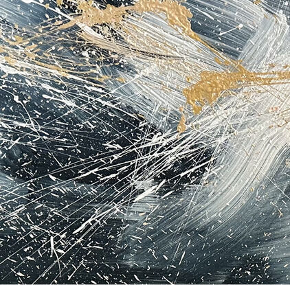 Large brushstrokes in dark navy & white with metallic gold & white paint splatters