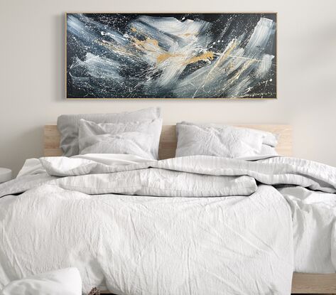 Large brushstrokes in dark navy & white with metallic gold & white paint splatters