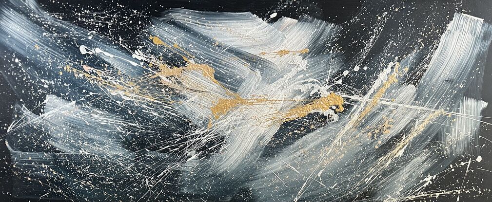 Large brushstrokes in dark navy & white with metallic gold & white paint splatters