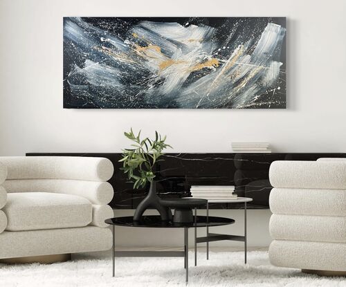 Large brushstrokes in dark navy & white with metallic gold & white paint splatters