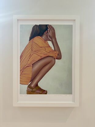 This reproduction of a painting showing a semi-abstract woman swatching on her heels, with her hands to her face.