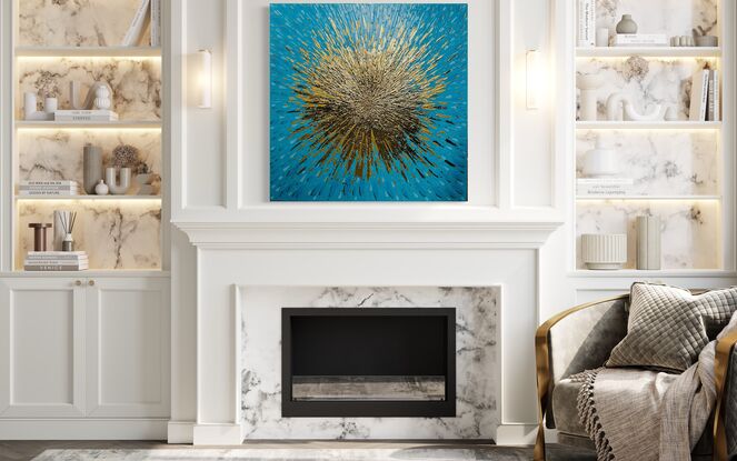 This painting embodies layers of vibrant blues and gold paint, with playful textures, to add depth. Layers of crushed gold and gold leaf are added, and the piece is sealed with layers of gloss varnish. 