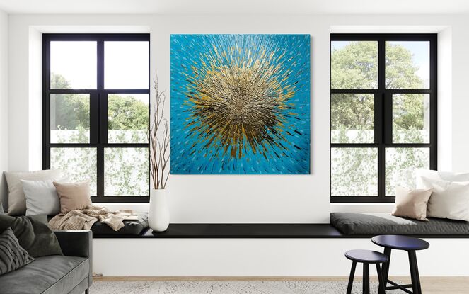 This painting embodies layers of vibrant blues and gold paint, with playful textures, to add depth. Layers of crushed gold and gold leaf are added, and the piece is sealed with layers of gloss varnish. 