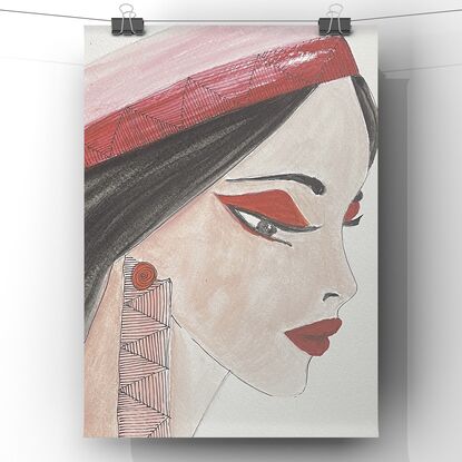 In “Quiet Strength,” I painted a stylized profile of a woman with a calm and composed expression. Her long, dark hair is partially covered by a red headdress with geometric patterns. Her eyes are accentuated with bold red eyeliner, and she wears an elaborate, patterned earring. The soft, muted tones of her skin contrast with the striking red elements, emphasizing her quiet yet undeniable strength. I chose to keep the background simple, so the focus remains on her serene yet powerful presence.