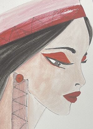 In “Quiet Strength,” I painted a stylized profile of a woman with a calm and composed expression. Her long, dark hair is partially covered by a red headdress with geometric patterns. Her eyes are accentuated with bold red eyeliner, and she wears an elaborate, patterned earring. The soft, muted tones of her skin contrast with the striking red elements, emphasizing her quiet yet undeniable strength. I chose to keep the background simple, so the focus remains on her serene yet powerful presence.