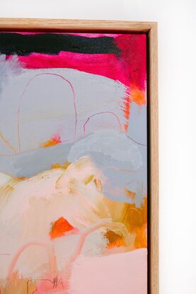 An abstract landscape work primarily in navy and pale blush neutrals with neon underpainting.