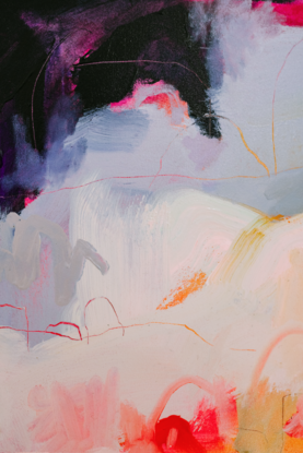 An abstract landscape work primarily in navy and pale blush neutrals with neon underpainting.