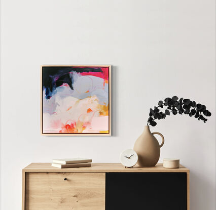 An abstract landscape work primarily in navy and pale blush neutrals with neon underpainting.