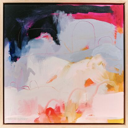 An abstract landscape work primarily in navy and pale blush neutrals with neon underpainting.