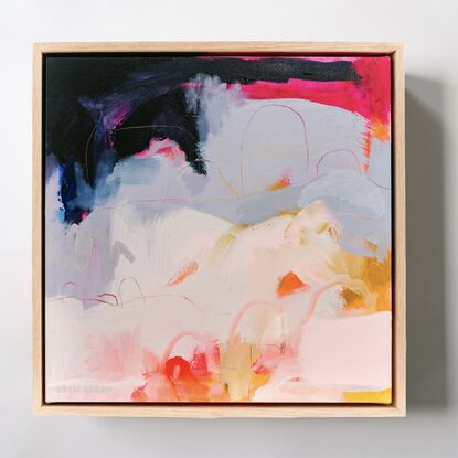 An abstract landscape work primarily in navy and pale blush neutrals with neon underpainting.