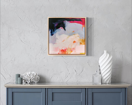 An abstract landscape work primarily in navy and pale blush neutrals with neon underpainting.